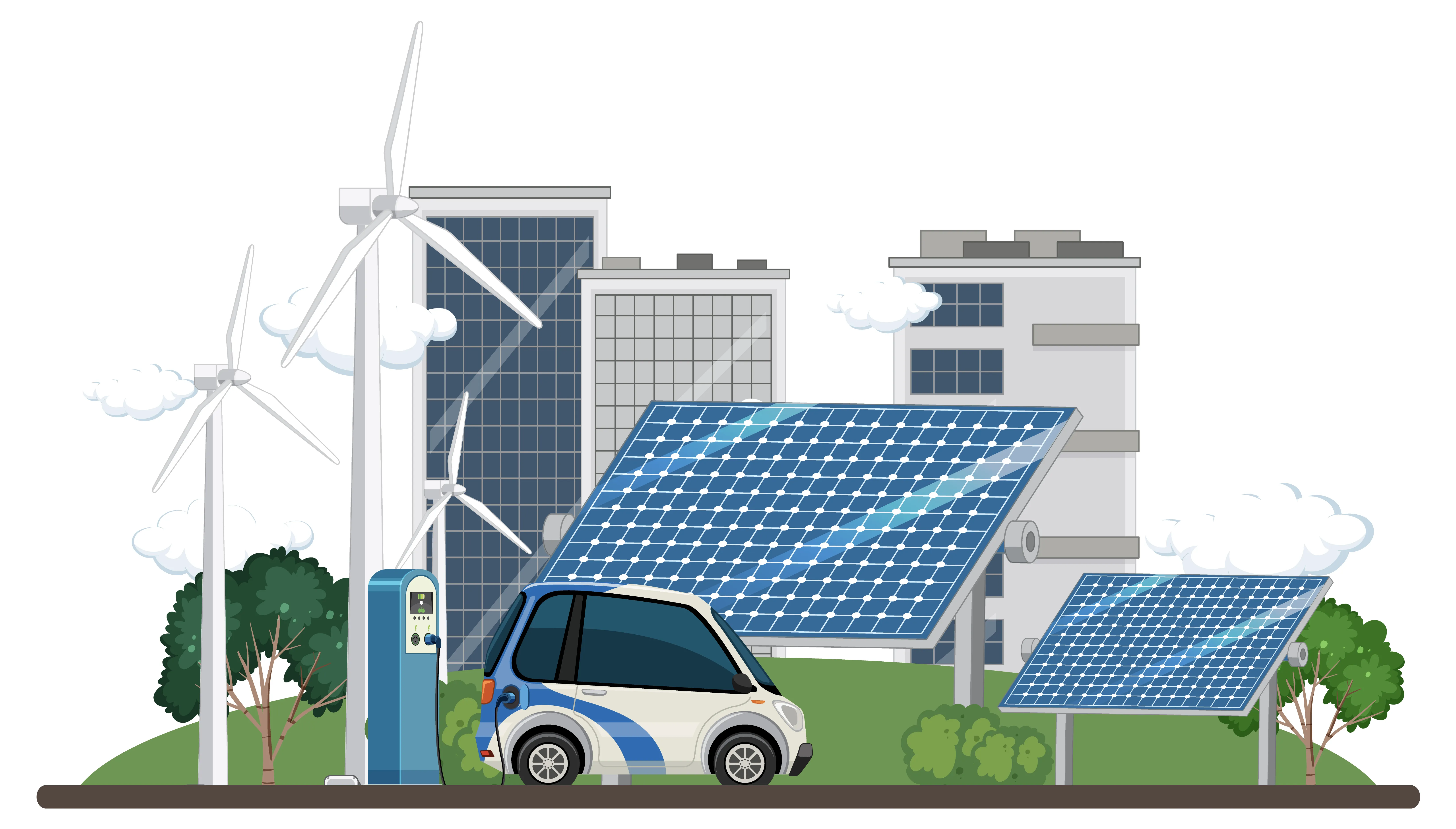 EV Car charging in a city with solar and renewable energy