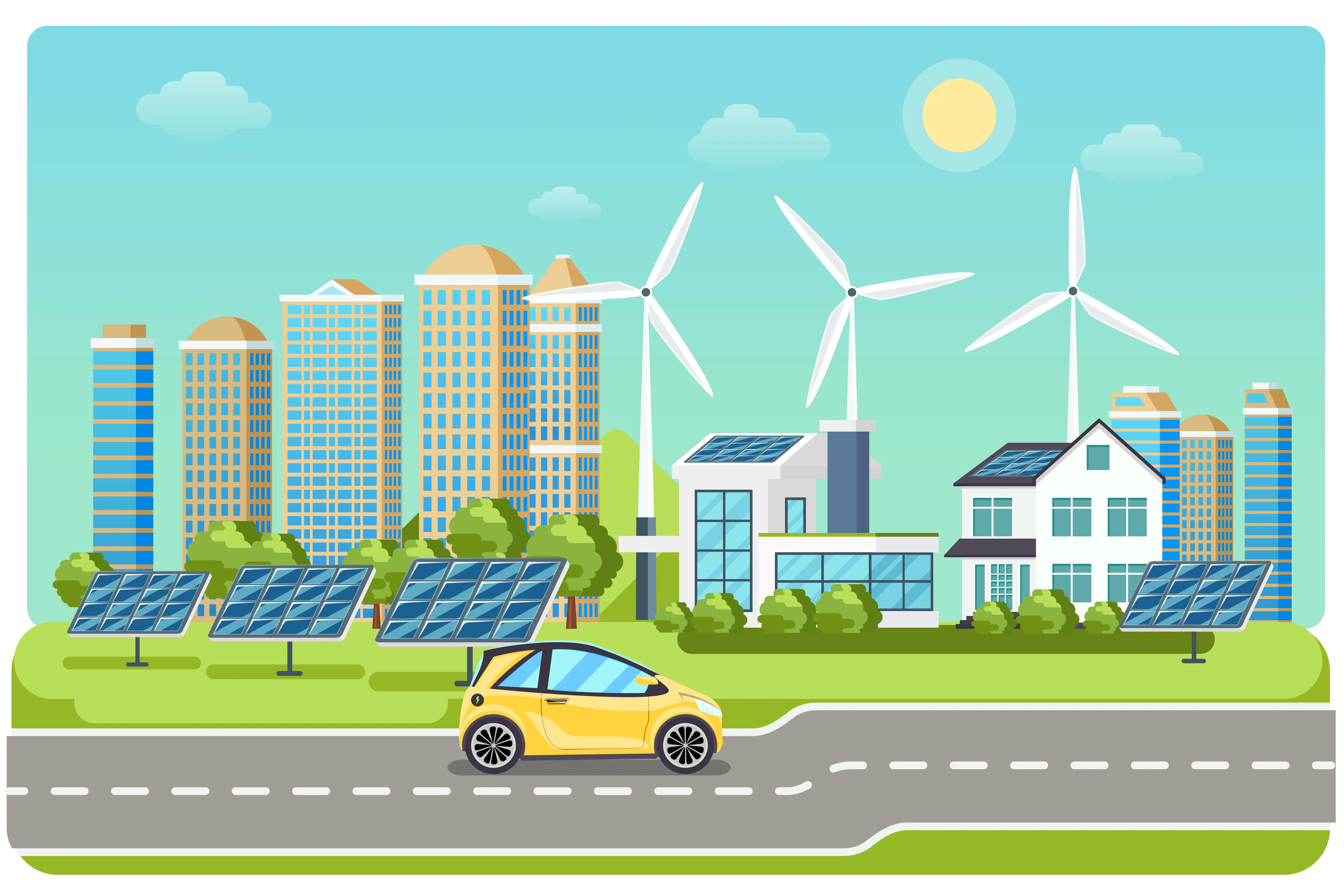 EV Car in city with renewable energy