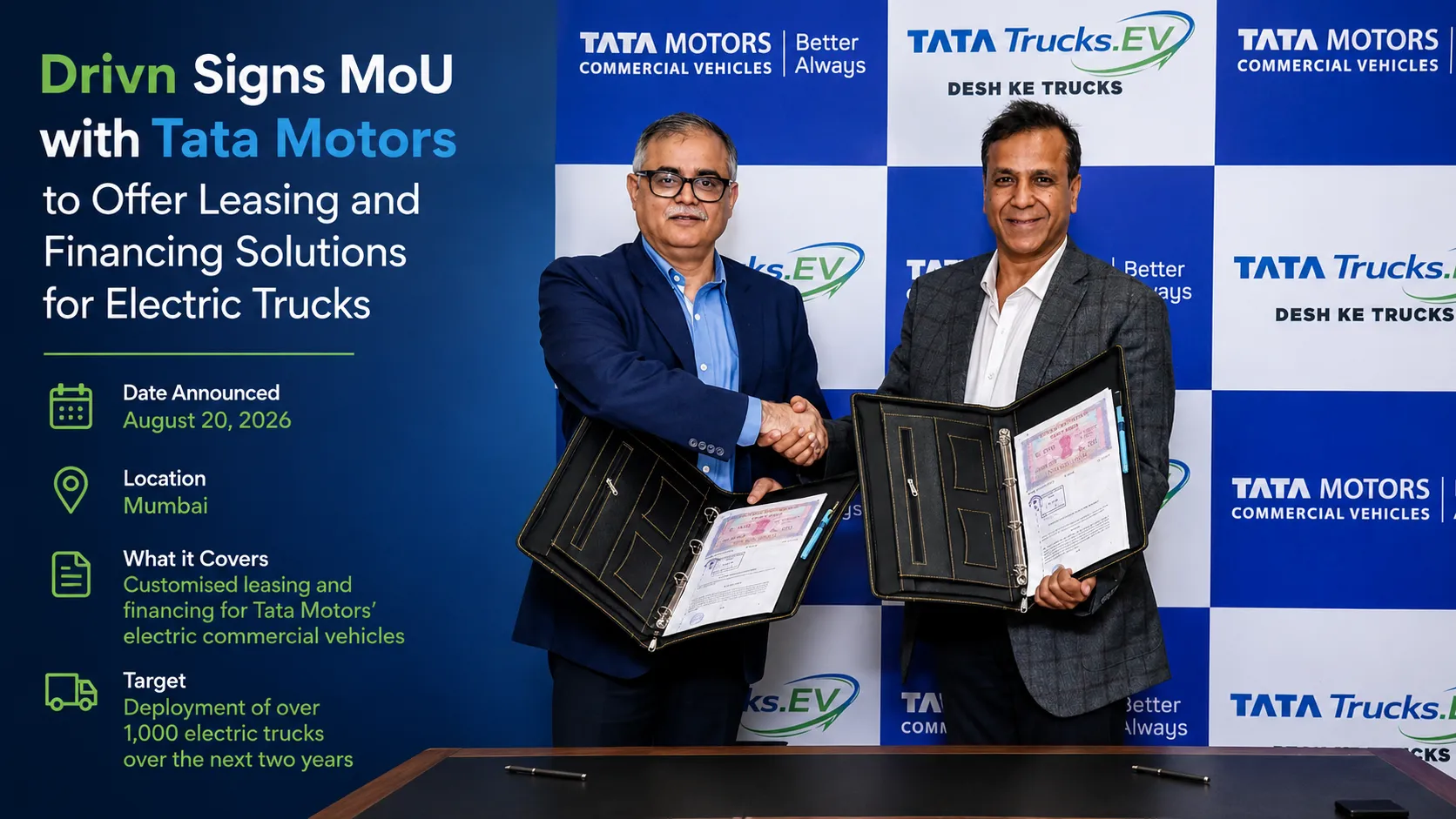 Drivn Signs MoU with Tata Motors to Offer Leasing and Financing Solutions for Electric Trucks