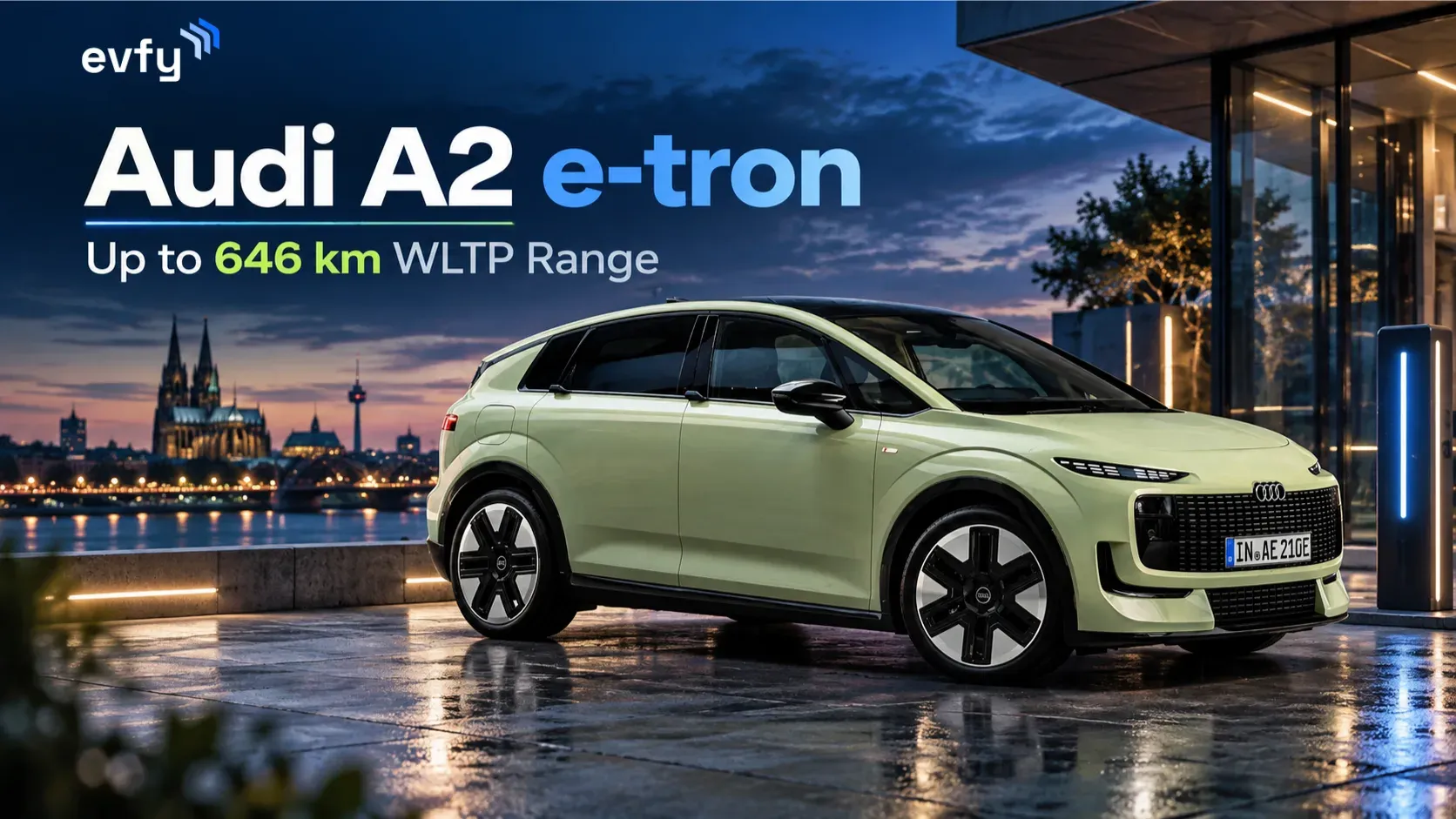 Audi A2 e-tron electric car with up to 646 km WLTP range at a city charging station