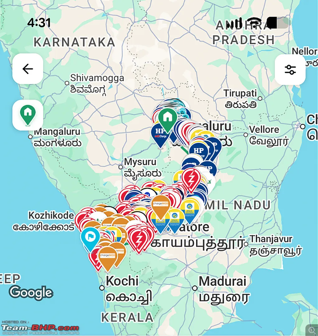 Bengaluru to Thrissur EV Chargers on Indian Map. Source: Team-BHP