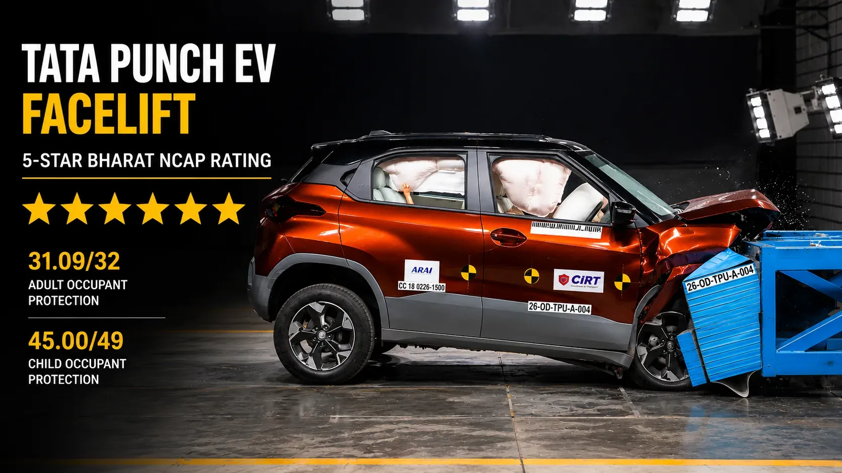 Tata Punch EV Facelift Bharat NCAP crash test showing 5-star safety rating and frontal impact performance.