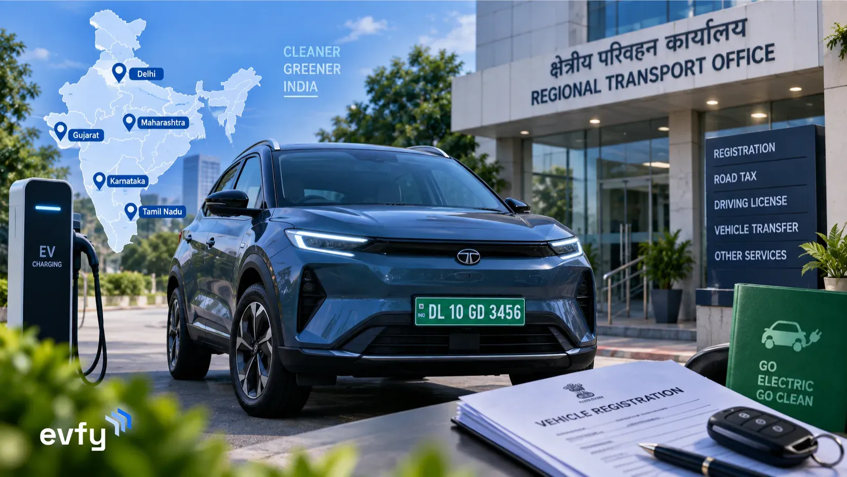EV with a green number plate outside an RTO office, illustrating electric vehicle registration and green number plate rules in India.