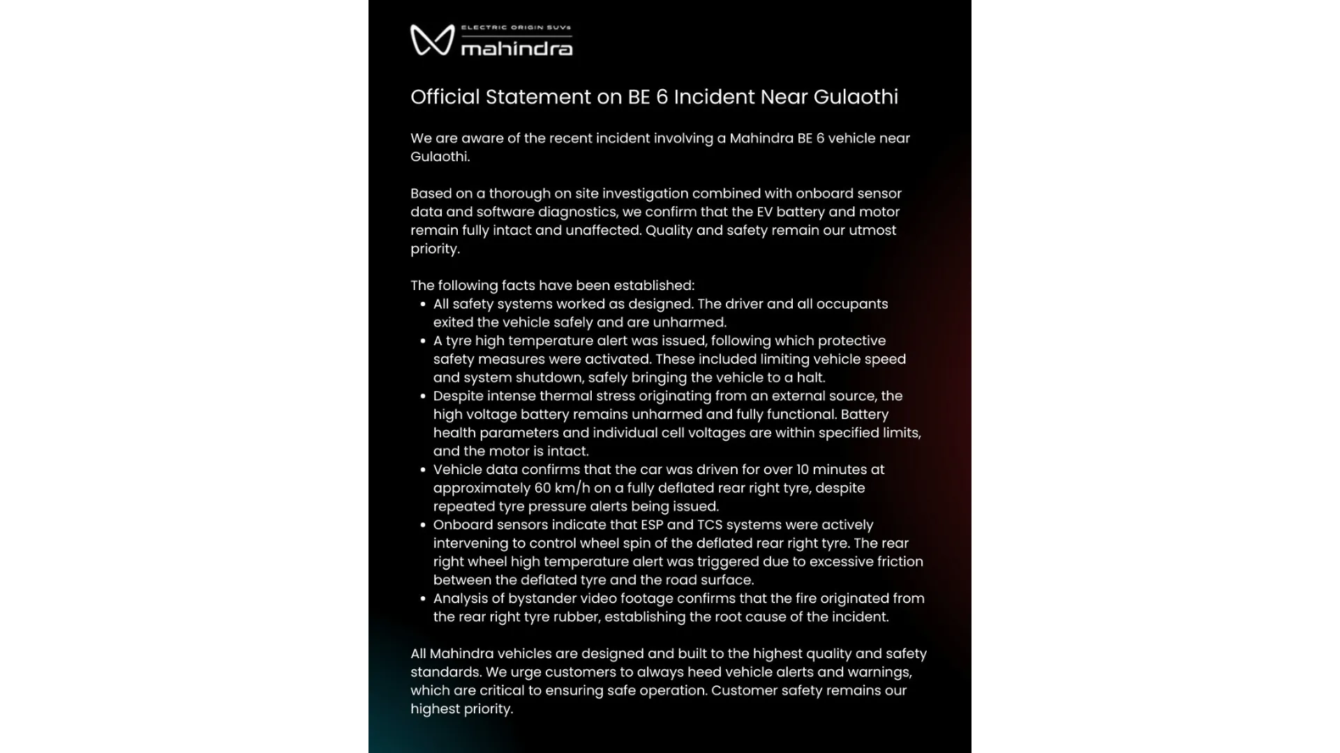 Mahindra BE 6 Fire Incident Official Statement