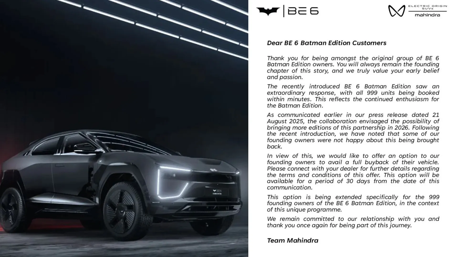 Mahindra Offers Full Buyback to First 999 Buyers of BE 6 Batman Edition