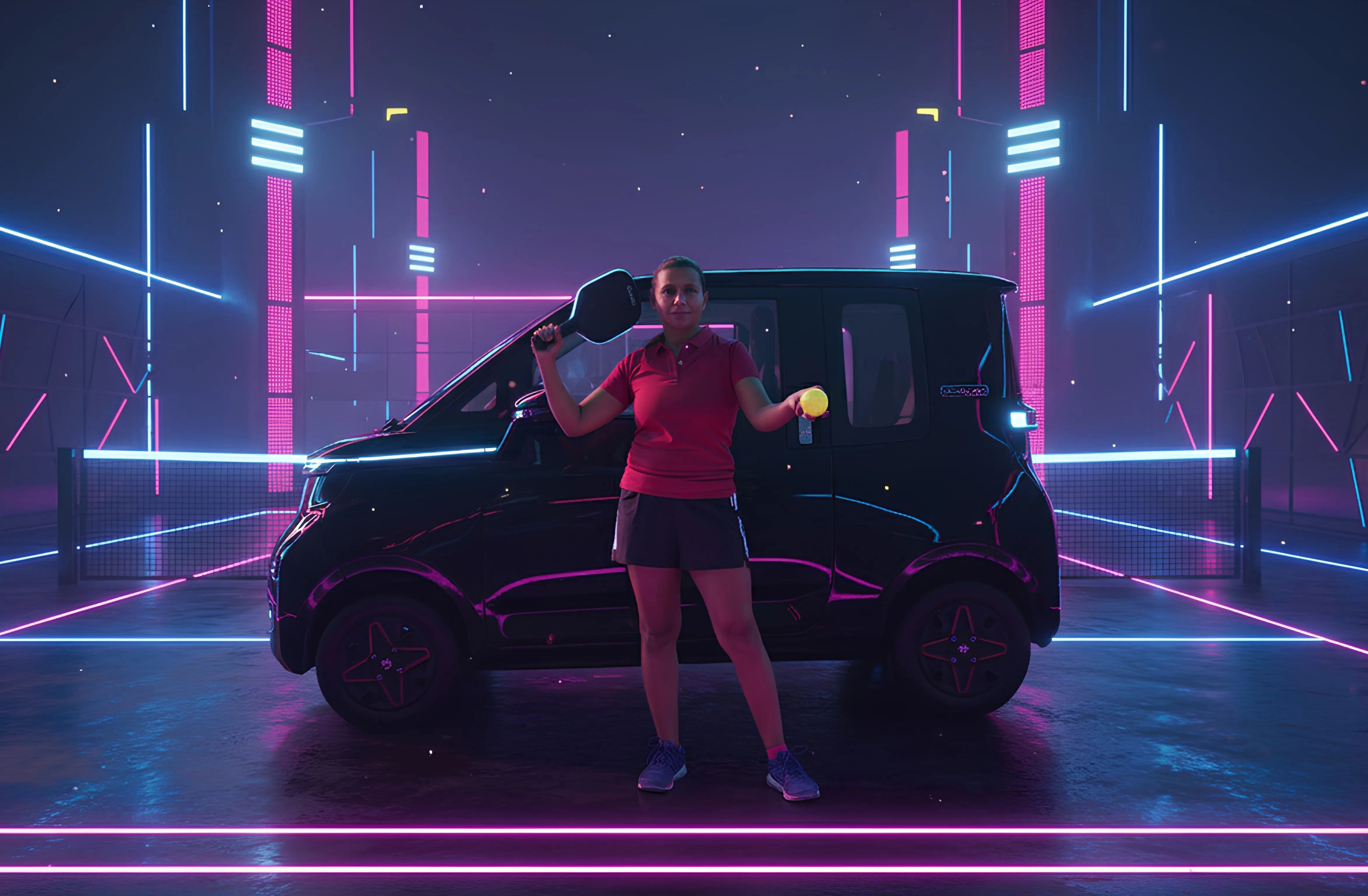 Monica Menon in front of MG Comet EV - AI