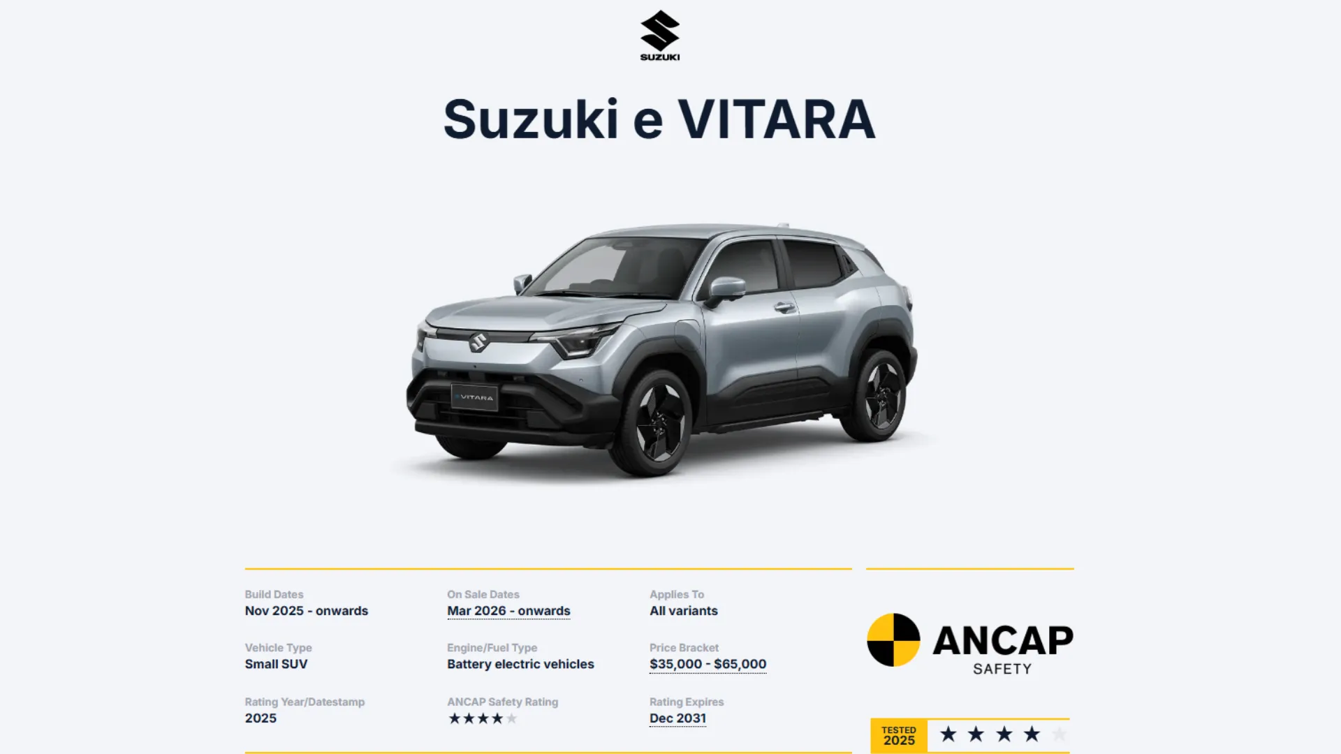 Suzuki e Vitara Scores 4-Star in ANCAP — For Australia, New Zealand