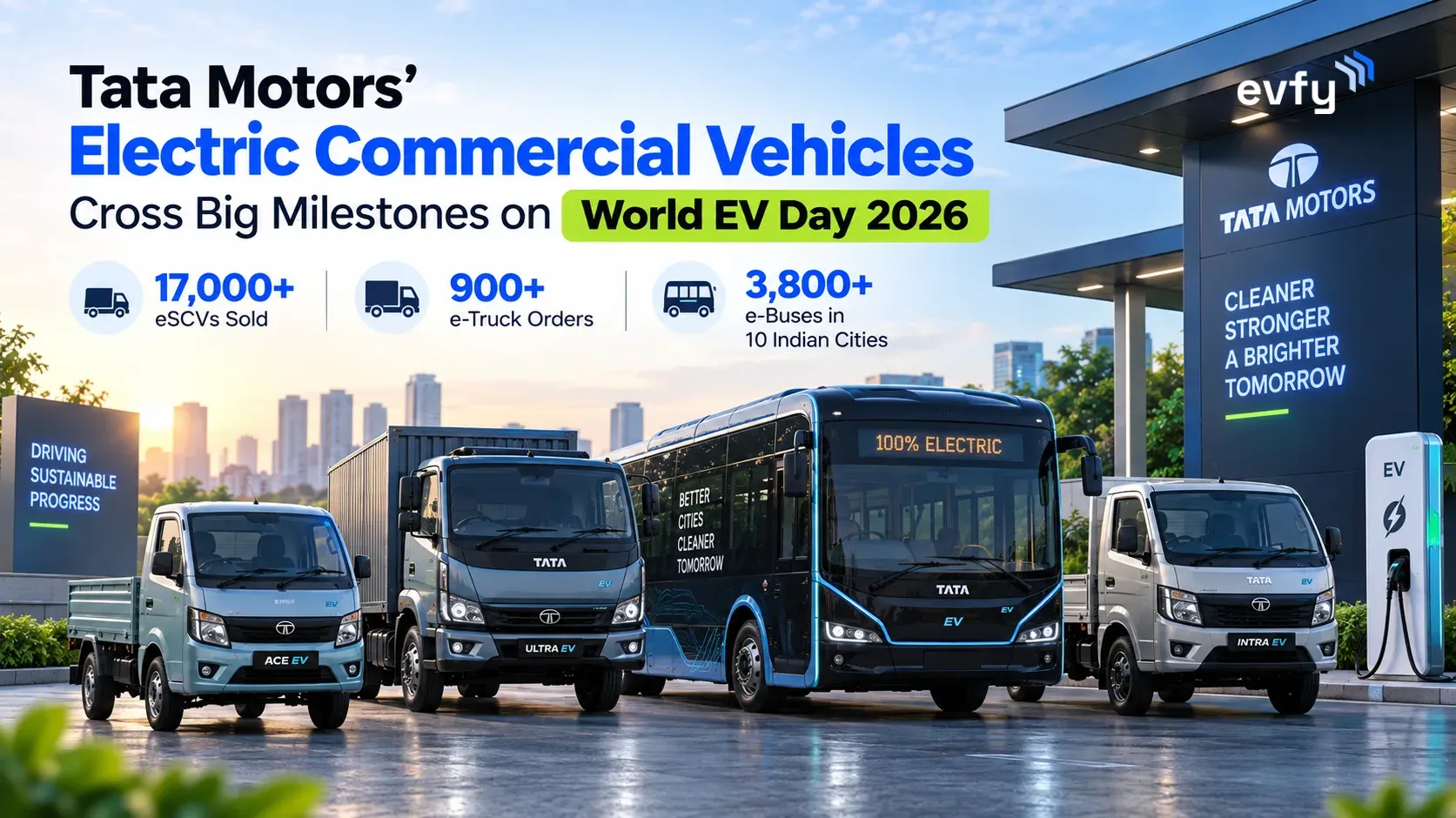 ata Motors electric commercial vehicles, including eSCVs, an electric truck and e-bus, highlighting major EV milestones on World EV Day 2026.