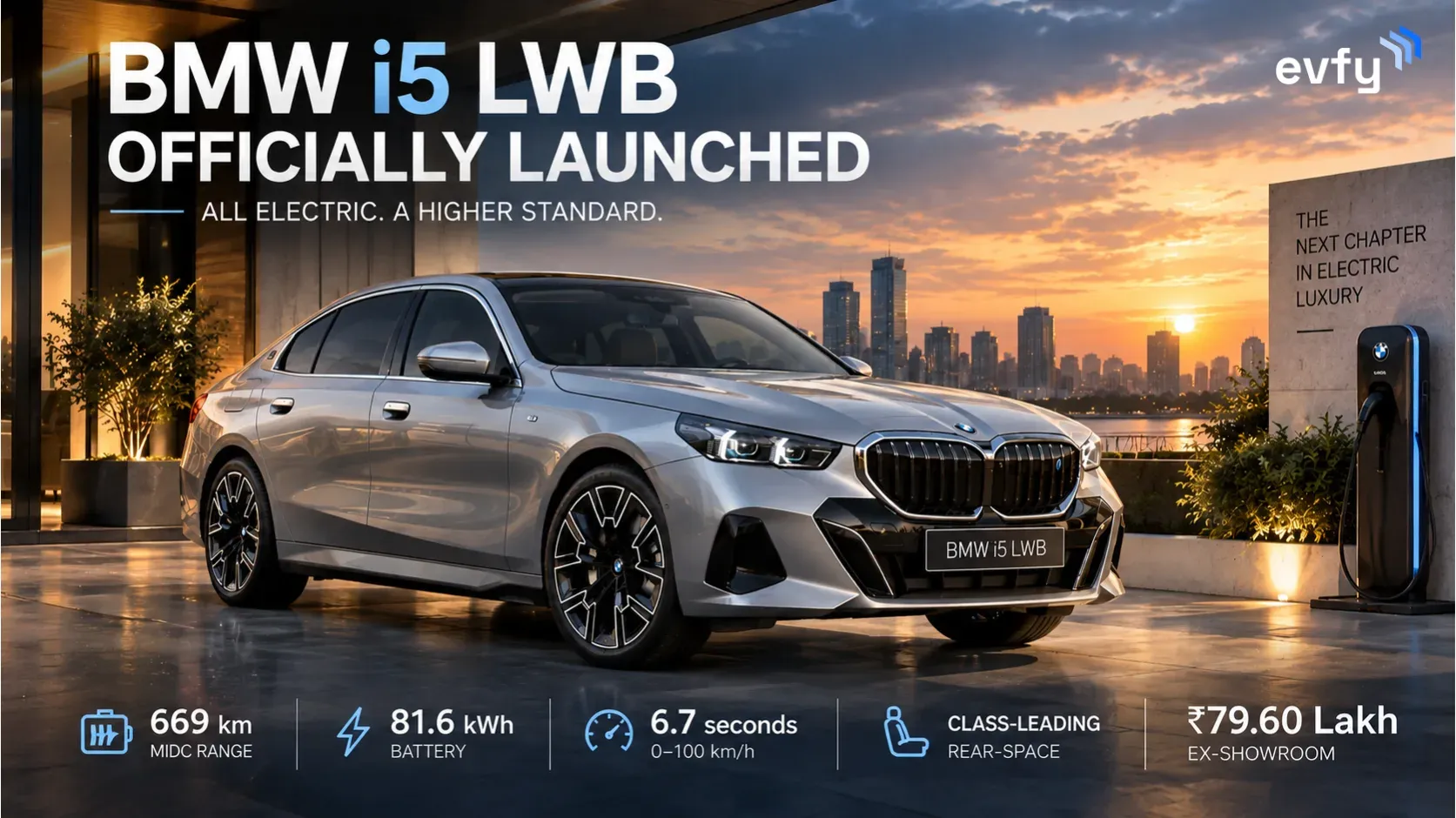 BMW i5 LWB officially launched in India at ₹79.60 lakh with 669 km MIDC range and 81.6 kWh battery.