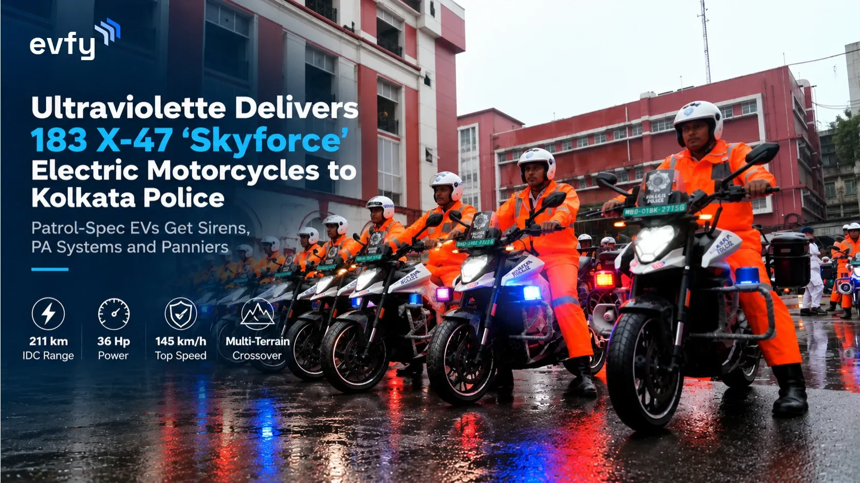 Ultraviolette X-47 Skyforce electric motorcycles lined up at Lalbazar Police Headquarters Kolkata