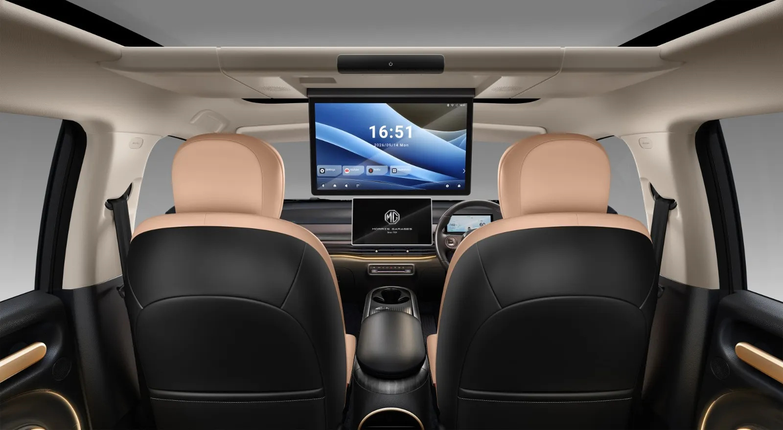 MG Windsor INDULGE Edition rear seat with PRIVE Screen, pillows and neck cushions