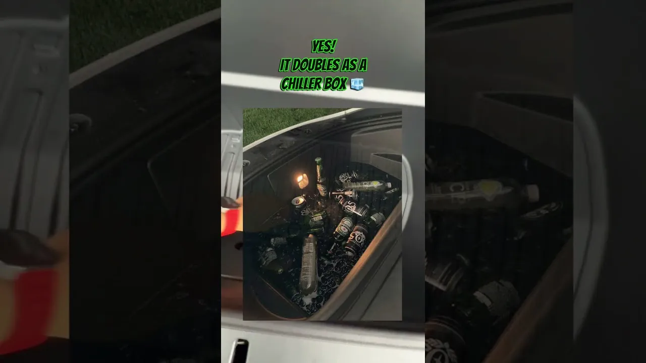 Tesla Model Y frunk = multipurpose genius. 🧊 Drinks cooler ✅ Drain plug ✅ Party & camping ready ✅