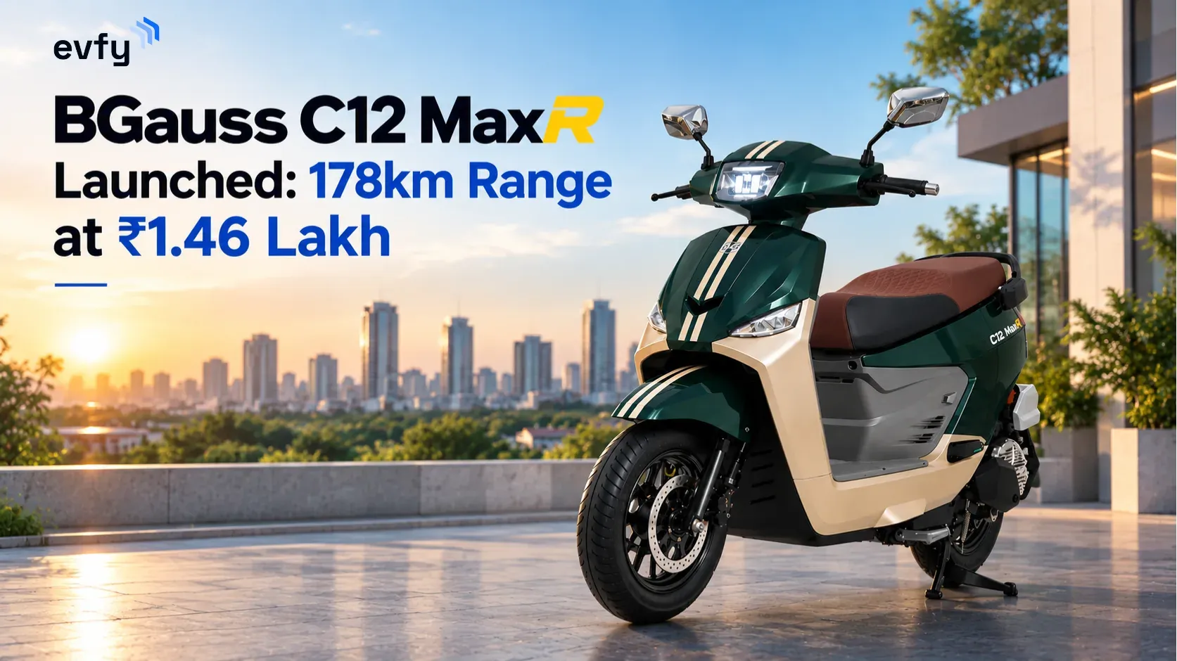 A side profile view of the BGauss C12 MaxR electric scooter parked outdoors, showcasing its 38-litre boot capacity and new WSA platform design.