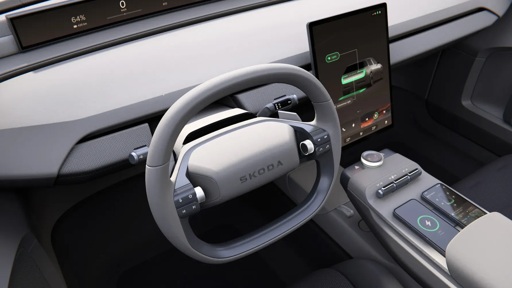 Skoda Vision O Concept - steering wheel and infotainment screen