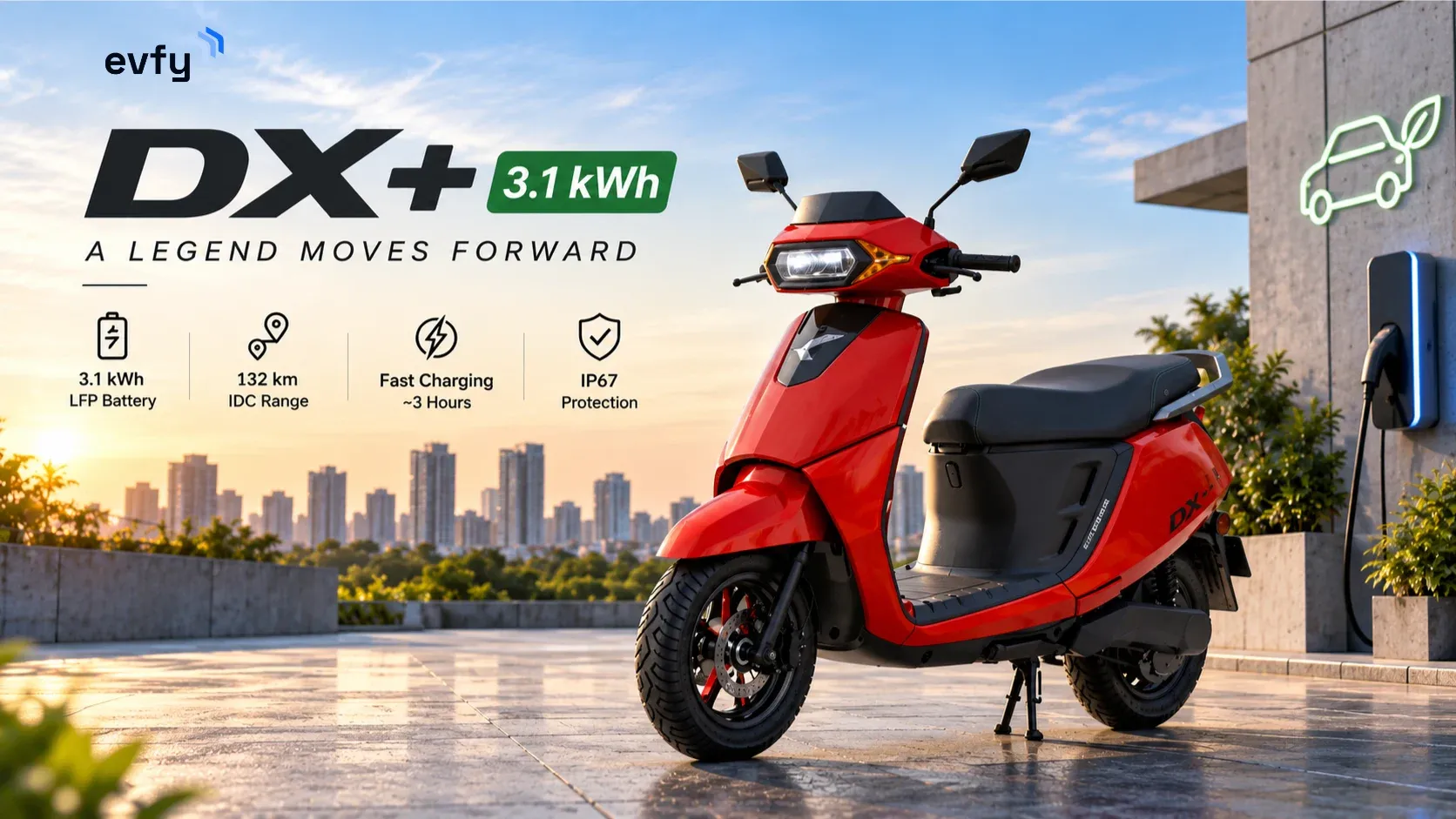 Red Kinetic DX+ 3.1 kWh electric scooter showcased in a modern city setting, highlighting its range, fast charging and IP67 protection.
